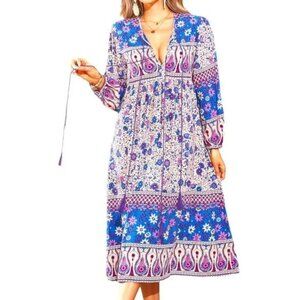 NWOT - R. Vivimos Long Sleeve Midi Dress, Purple/Blue/Cream/Pink - Size 2XL